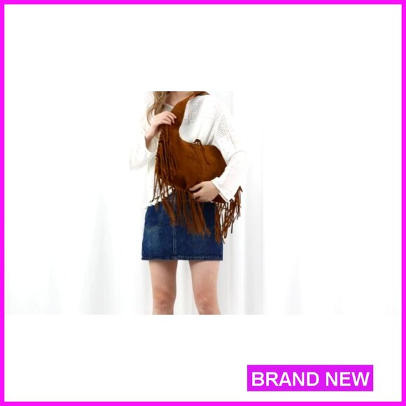 Vegan Faux Suede Hobo Bag with Fringe Tassel Shoulder Purse - Picture 7 of 7